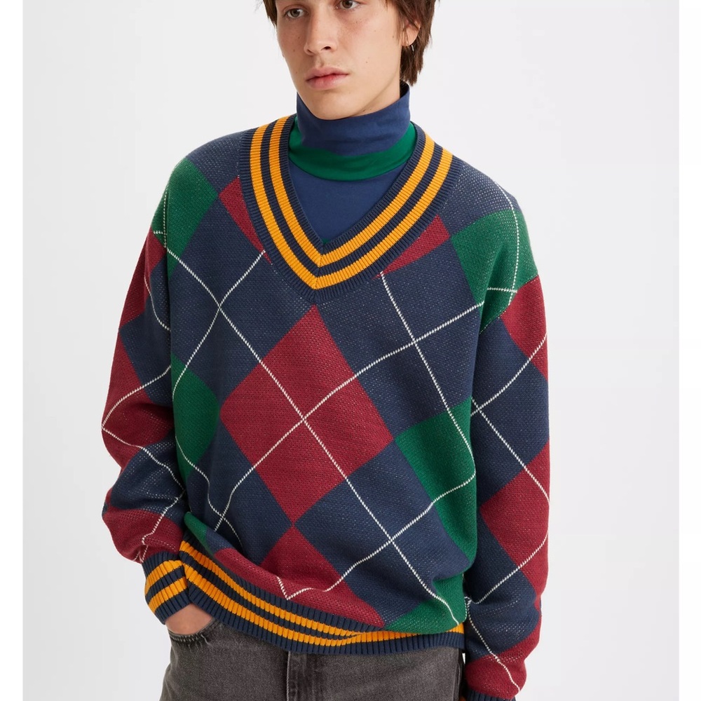 Levi's V-Neck Sweater in Red, Green, and Blue Argyle